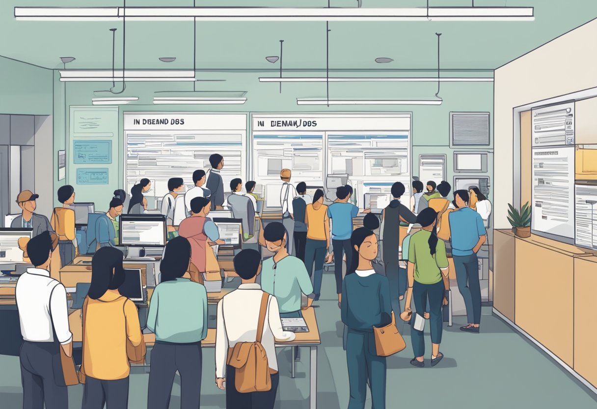 A bustling office with job postings on a digital board, a line of people waiting to inquire, and a sign that reads "In-demand Jobs in the Philippines."