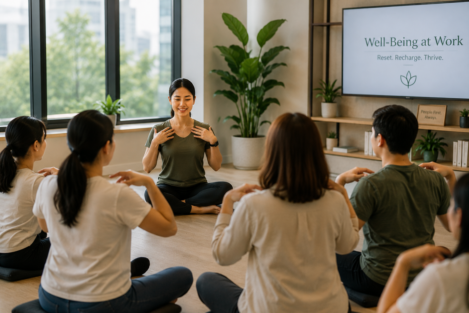 Filipino employees participating in a workplace well-being program.