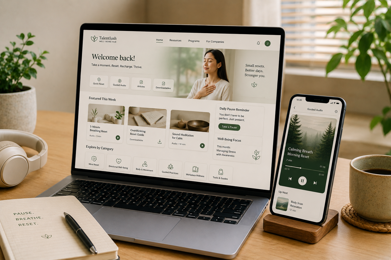 Calm digital workplace well-being resource hub displayed on a laptop
